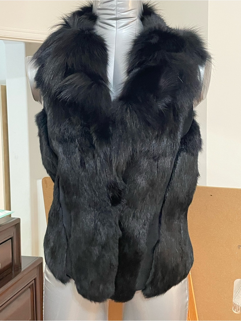 J.Polack Black Genuine Rabbit & Fox Fur Vest Korean Size S